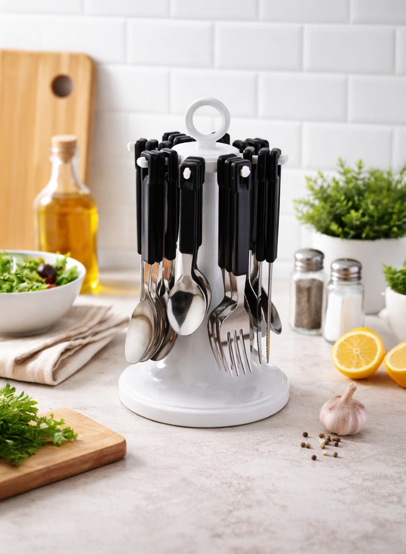 توشيونيكس طقم أدوات مائدة من الفولاذ المقاوم للصدأ مكون من 24 قطعة مع حامل - طقم ملاعق وشوك وسكاكين وملاعق شاي محمول بمقابض من البولي بروبيلين، منظم حامل أدوات المائدة للمنزل، إفطار رمضان، النزهات الخارجية، حفلات العشاء والتجمعات - Image 1